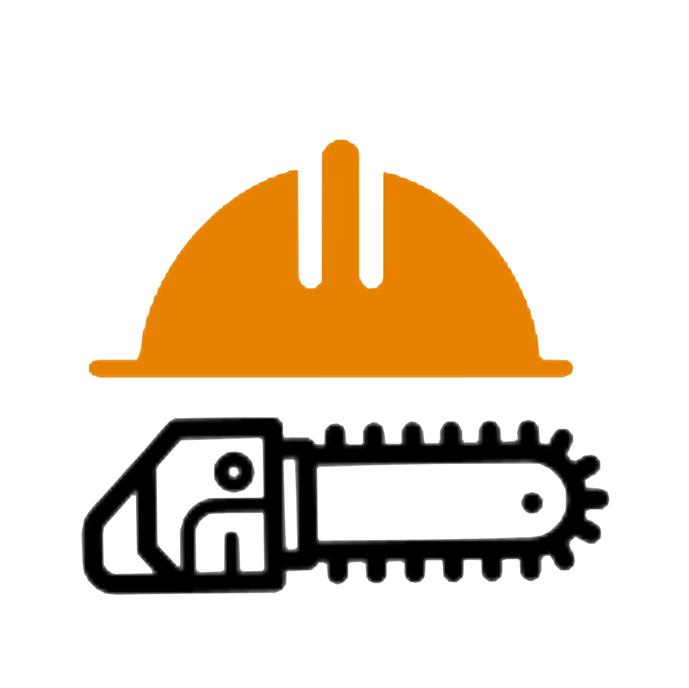 A logo of an orange hardhat and a black outline of a chainsaw.